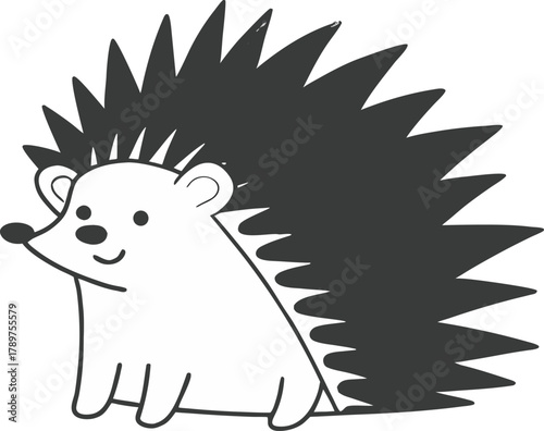 A cartoon illustration of a hedgehog, centered in the frame, is depicted in a simple, line-art style. The hedgehog faces the viewer and is presented in a side profile. Its body is light, while its spi