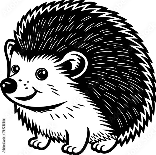A cartoon illustration of a hedgehog, centered in the frame, is depicted in a simple, line-art style. The hedgehog faces the viewer and is presented in a side profile. Its body is light, while its spi