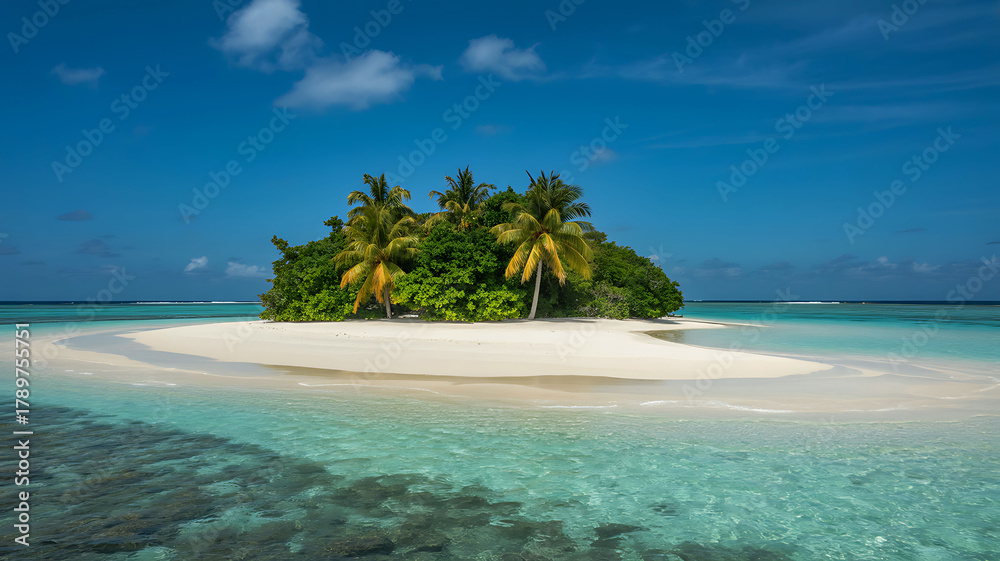 Fototapeta premium Tropical island oasis: white sand beach, clear turquoise ocean