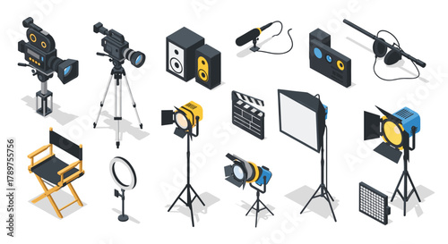 Professional filmmaking equipment set including cameras, lights, microphones, and directors chair for dynamic production scenes