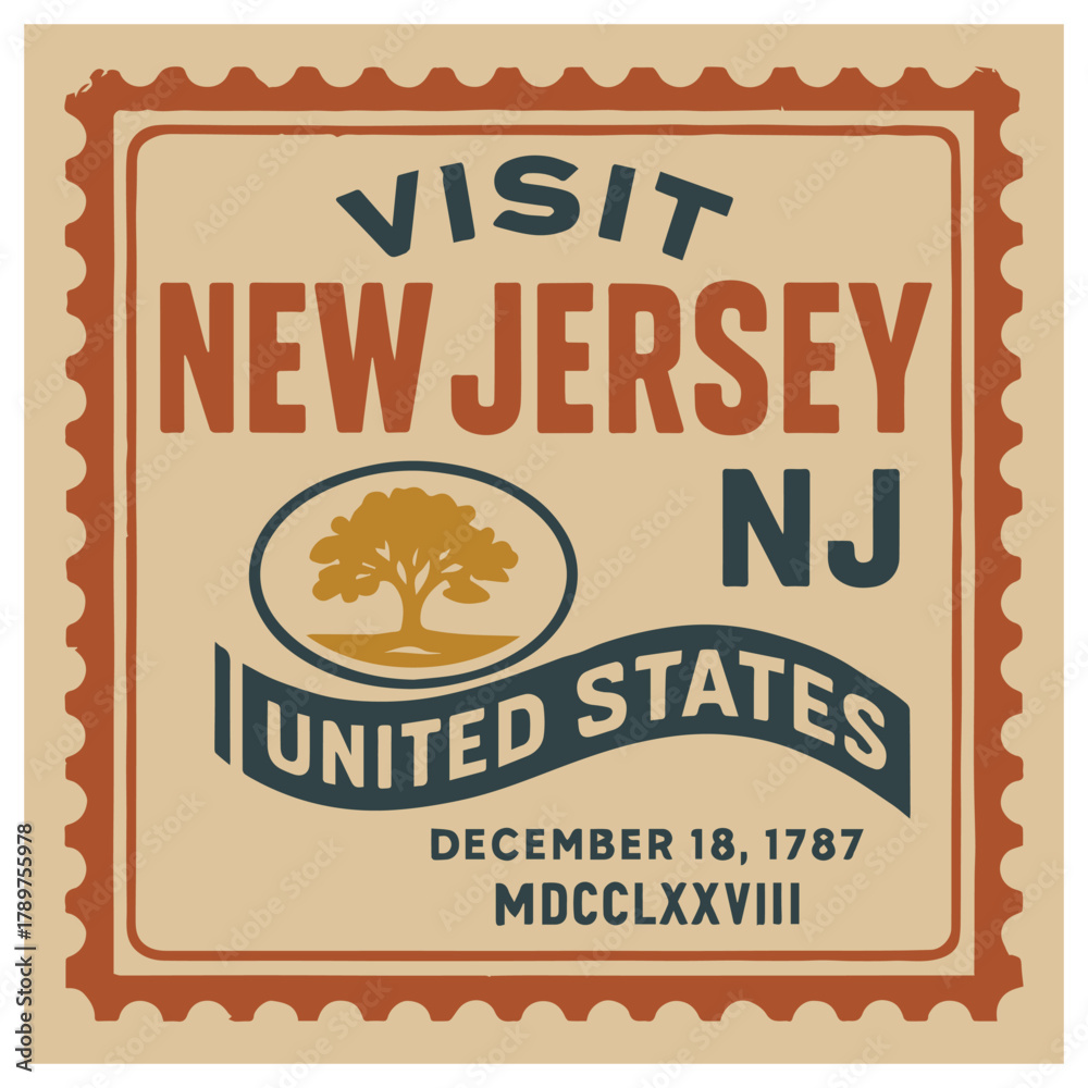 Obraz premium Vintage Travel Stamp Design Visit New Jersey United States Retro Postal Style Art with Tree Illustration and State Date