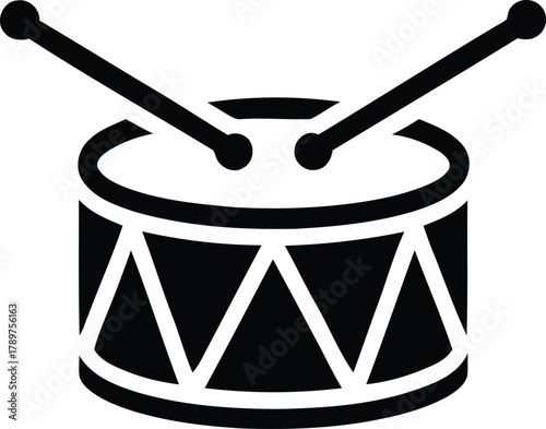 Drum with sticks icon, a fundamental musical instrument for creating rhythm and dynamic sound, graphic illustration of percussion, black and white symbol representing music, band, concert