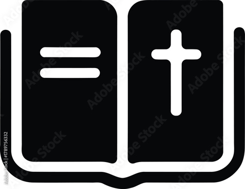 Open book icon with an equals sign on the left page and a Christian cross on the right, symbolizing the intersection of law, equality, justice, faith, and spiritual belief.