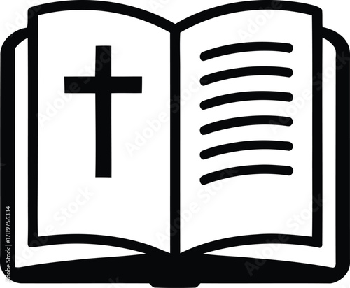 Open holy bible icon with christian cross and stylized text pages, symbolizing religious study, scripture, faith, spiritual guidance, worship, education, and theology on a clean background