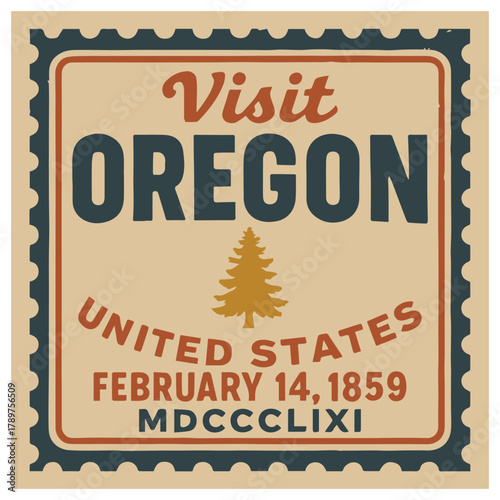Vintage Travel Stamp Design Visit Oregon United States Retro Postal Style Art with Pine Tree Illustration and State Date