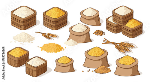 Abundant harvest of grains and rice displayed in rustic baskets and burlap sacks, symbolizing nourishment and agricultural abundance