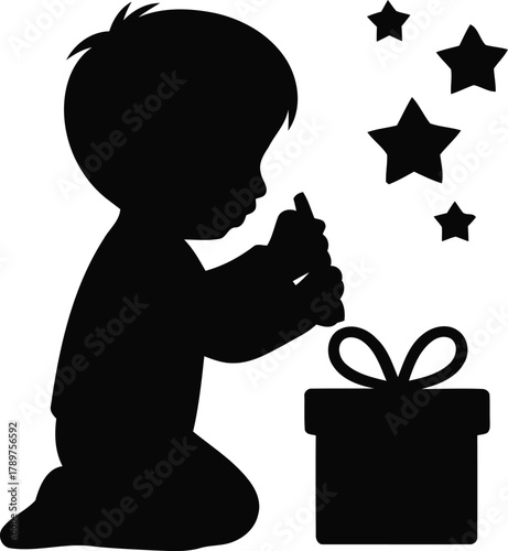 Child silhouette on knees focused intently on a wrapped present, a festive gift box adorned with a bow, surrounded by a scattering of decorative stars, symbolizing joy, surprise, and anticipation.