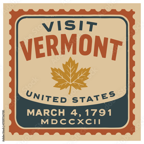 Vintage Travel Stamp Design Visit Vermont United States Retro Postal Style Art with Maple Leaf Illustration and State Date