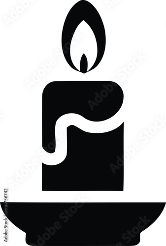Single black silhouette icon of a burning candle with a flickering flame and melted wax on a simple base, symbolizing light, spirituality, warmth, and memory on a clean background