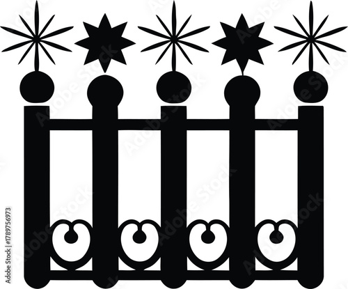 Decorative fence or railing silhouette with alternating spiky and solid star finials, featuring elegant heart-shaped scrollwork, a sophisticated ornamental barrier graphic element.