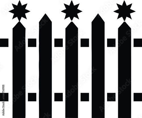 Black silhouette of a traditional picket fence with decorative stars on top of each post, symbolizing home, security, and boundary protection, on a clean white background.