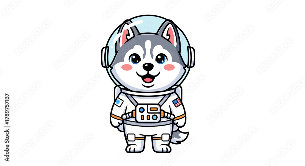 Fototapeta premium Charming illustration of a cute husky dog character dressed as an astronaut, ready for an exciting space adventure, symbolizing exploration and bravery in the cosmos