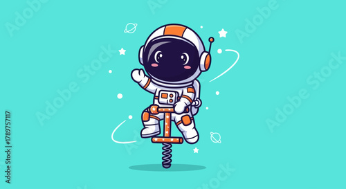 Astronaut child riding a pogo stick on a blue background with stars