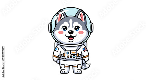 Charming illustration of a cute husky dog character dressed as an astronaut, ready for an exciting space adventure, symbolizing exploration and bravery in the cosmos