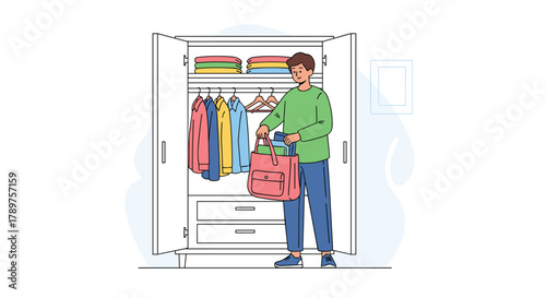 Young man organizing clothes in a neat wardrobe, preparing for travel or a fresh start, a scene of order and planning