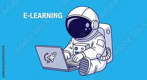 Astronaut using a laptop for E-learning in outer space illustration
