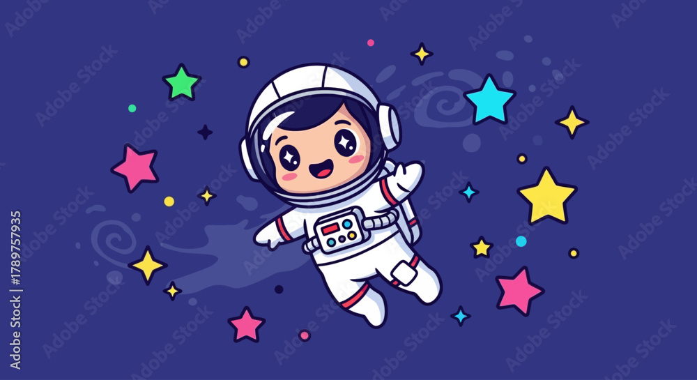 Fototapeta premium Cute cartoon astronaut character cheerfully floats in a vibrant space scene, surrounded by colorful stars and cosmic elements, perfect for children's imaginative adventures