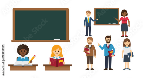 Diverse teachers and students engage in learning activities around chalkboards in a vibrant educational setting