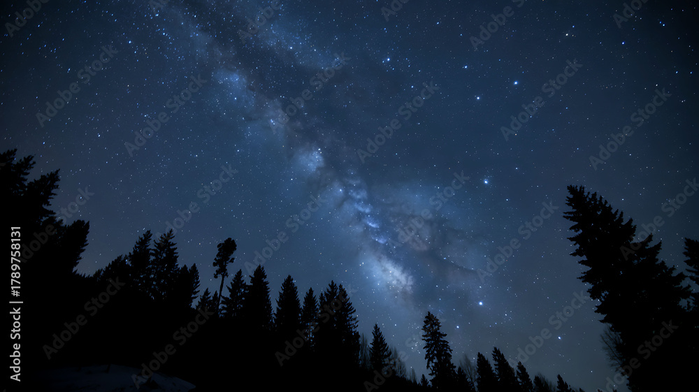Naklejka premium Milky way galaxy shining bright above dark forest trees at night