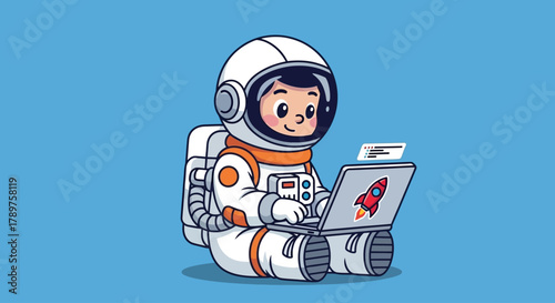 Adorable cartoon astronaut boy sitting and typing on a laptop with a rocket icon, representing space exploration and technology