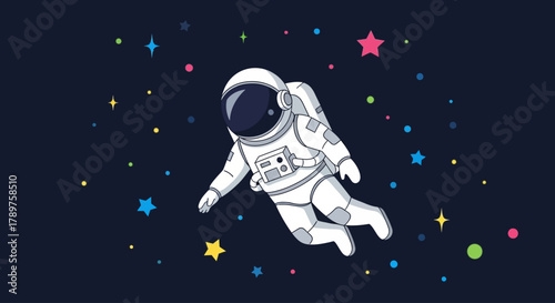 Illustration of an adorable astronaut character venturing into the dark cosmos, experiencing zero gravity amidst a dazzling constellation of stars, embodying dreams and the spirit of discovery