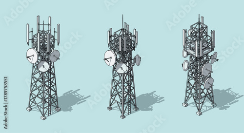 Modern telecommunication towers with antennas and dishes broadcasting signals, essential infrastructure for global connectivity