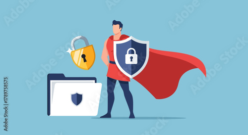 Digital data protection concept with a superhero guardian ensuring secure files, representing robust online safety and cyber defense against threats