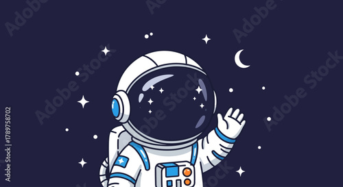 A captivating illustration of an astronaut waving from space amidst twinkling stars and a crescent moon