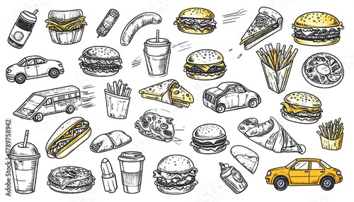 Fast Food and Transportation Sketch Collection - A Culinary Journey on Wheels.