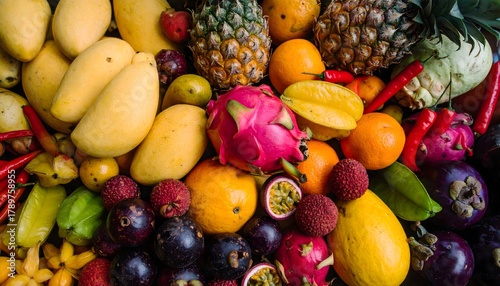 Exotic tropical fruit background featuring mango, pineapple, and dragon fruit. Vibrant organic harvest flat lay with mangosteen and starfruit for healthy summer diet concepts.