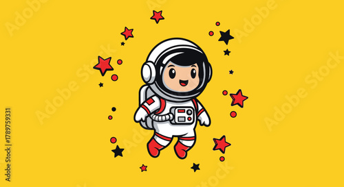 Cute Astronaut Character Surrounded by Stars in Space, Illustration