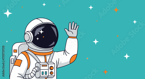 Astronaut waving in space with stars and nebula background illustration