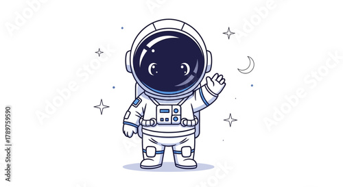 Cute Astronaut Waving Hello Among Stars and Planets in Outer Space