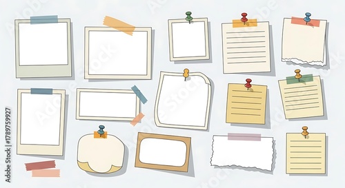 Blank memo papers, sticky notes, photo frames, taped and pinned