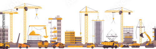 Construction site, tower cranes, excavators, bulldozers, cement mixers, scaffolding, urban development, industrial machinery, building process, infrastructure, city growth, engineering,