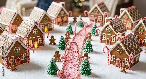 Gingerbread village with candy canes, gingerbread men, festive scene