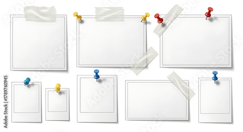 Collection of blank white notes attached with pushpins and tape
