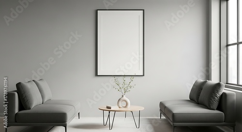 Minimalist modern living room interior with blank frame & sofas.