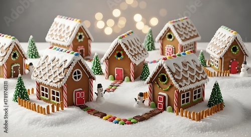 Sweet gingerbread village display on snow with festive lights
