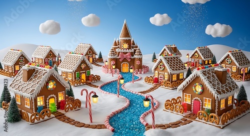 Whimsical gingerbread village with a grand castle and candy stream