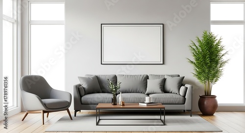 Contemporary minimalist living room with grey furniture and plant.