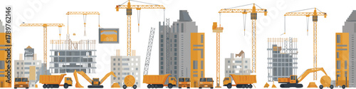 Urban construction site, high-rise buildings, tower cranes, excavators, bulldozers, cement mixers, scaffolding, infrastructure development, city growth, industrial machinery, engineering