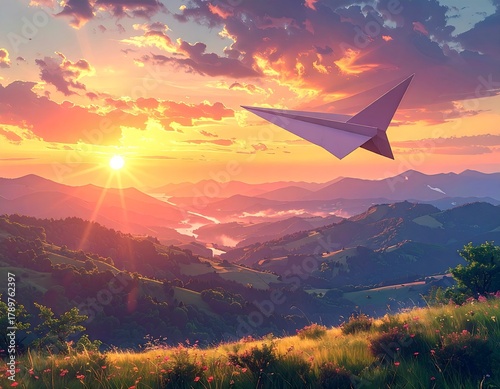 Paper Airplane Soaring Above Mountain Landscape at Sunset.