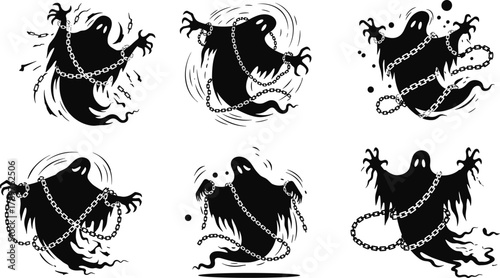 Ghosts Bound by Chains Silhouettes, Black-and-White Supernatural Scene, Floating Figures, Clawed Hands, Haunting Motion, Symbolic Confinement, Fantasy, Horror, Artistic Style
