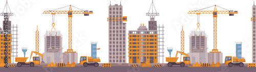 Urban construction site, tower cranes, excavators, dump trucks, cement mixers, building development, infrastructure, safety barriers, rebar, scaffolding, city growth, architecture