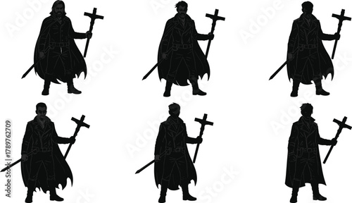Gothic Warrior Silhouettes with Cross-Shaped Staffs, Long Coats, Sword Detail, Dark Fantasy Characters, Religious Motif, Stylized Poses, Concept Art, Heroic Archetype
