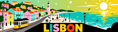 Lisbon street scene illustration on colorful background