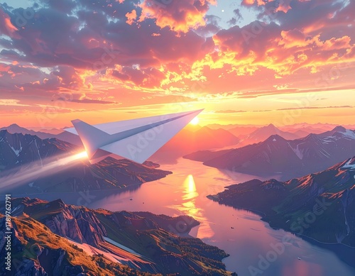 Paper Airplane Soaring Above Mountains at Sunset - A Dream of Flight.
