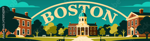 Boston illustration with buildings in retro style