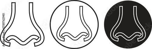 Human nose icons set in line medical, anatomy and cosmetic styles. Vectors illustration for healthcare, smell, respiration, allergy and beauty designs concepts isolated on transparent background.